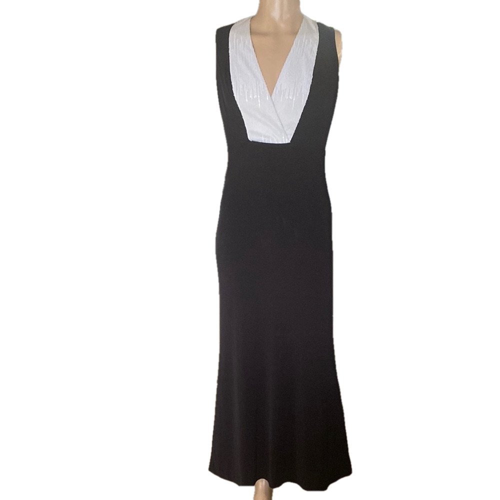 Calvin Klein Black and White Plunge Sheath Maxi Dress